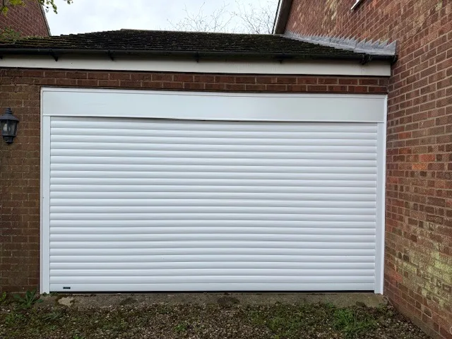 SeceuroGlide Original roller garage door in a clean white finish, installed in Stowupland near Stowmarket.